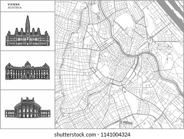 Vienna city map with hand-drawn architecture icons. All drawigns, map and background separated for easy color change. Easy repositioning in vector version.