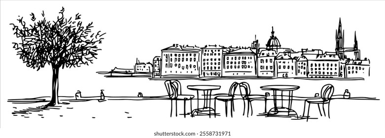 vienna city panorama hand drawing doodle hatching vector sketch