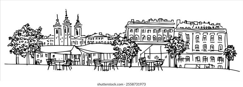 vienna city panorama hand drawing doodle hatching vector sketch