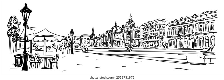 vienna city panorama hand drawing doodle hatching vector sketch