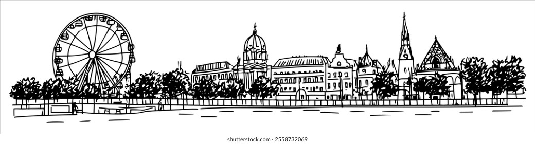 Vienna city panorama hand drawing doodle hatching vector sketch