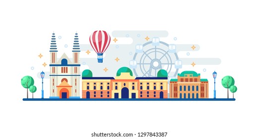 Vienna cityscape with famous touristic landmarks. Vector flat illustration. Travel to Austria horizontal banner design elements.