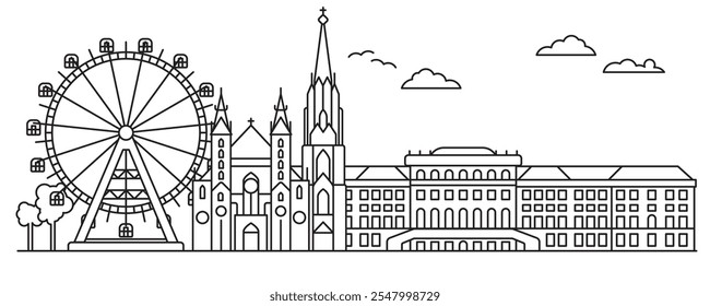 Vienna cityscape line art illustration. Prater ferris wheel, Saint Stephens Cathedral and Schoenbrunn Palace at Austraian capital in panoramic vector.