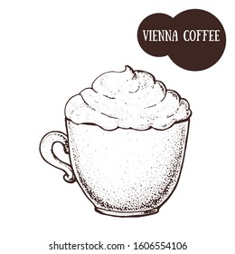 Vienna coffee mug sketch. Hand drawn illustration. Engraved vector illustration. Vienna coffee cup.