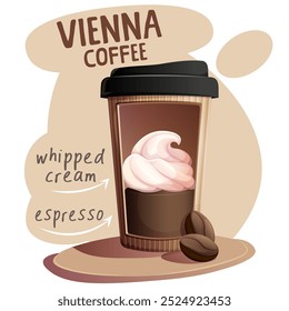 Café de Viena em xícara de papel com grãos de café. Café com creme. Ilustração vetorial para faixa, site, cartaz, menu. Ilustração para café, casa de café, bar, conceito de comida, receita