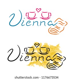 Vienna coffee and strudel sketch with watercolor and felt-tip pen grunge vector illustration