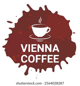 Vienna coffee, vector illustration, hand lettering. White letters with coffee cup, brown coffee liquid spots Menu set flyer banner poster. Fresh aroma. Coffee to go, shop cafe packaging.Roasted. 