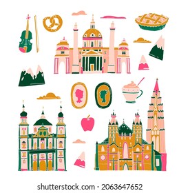 Vienna doodle illustration. Austria holiday travel flat drawing. Modern style Vienna city illustration. Hand sketched poster, banner, postcard, card template for travel company, T-shirt, shirt. Vector
