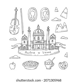 Vienna doodle illustration. Austria holiday travel flat drawing. Modern style Vienna city illustration. Hand sketched poster, banner, postcard, card template for travel company, T-shirt, shirt. Vector