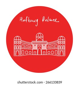 Vienna Hofburg palace building vector red circle icon with hand drawn text above in white linear style.