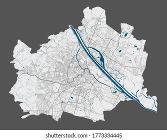 Vienna map. Detailed vector map of Vienna city administrative area. Poster with streets and water on grey background.