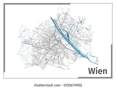 Vienna map poster, administrative area plan view. Black, white and blue detailed design map of Vienna city with rivers and streets. Outline silhouette of metropolitan cityscape.