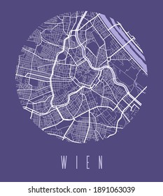 Vienna map poster. Decorative design street map of Vienna city. Cityscape aria panorama silhouette aerial view, typography style. Land, river, highways, avenue. Round circular vector illustration.