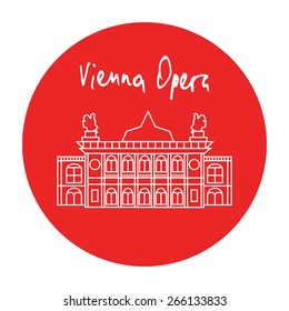 Vienna Opera house building vector red circle icon with hand drawn text above in white linear style.
