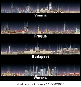 Vienna, Prague, Budapest and Warsaw cities skylines at night with bright lights illumination vector illustrations