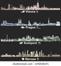 Vienna, Prague, Budapest and Warsaw cities skylines at night in bright color palettes vector set