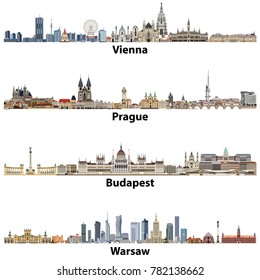 Vienna, Prague, Budapest and Warsaw vector city skylines