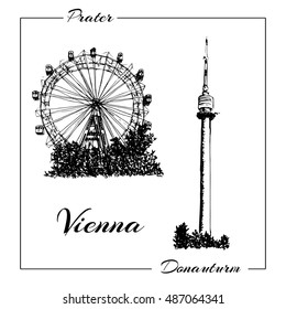 Vienna prater and donauturm. Vector hand drawn sketch illustration. can be used at advertising, postcards, prints