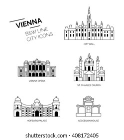 Vienna sightseeings. City lineicons, icons black and white.