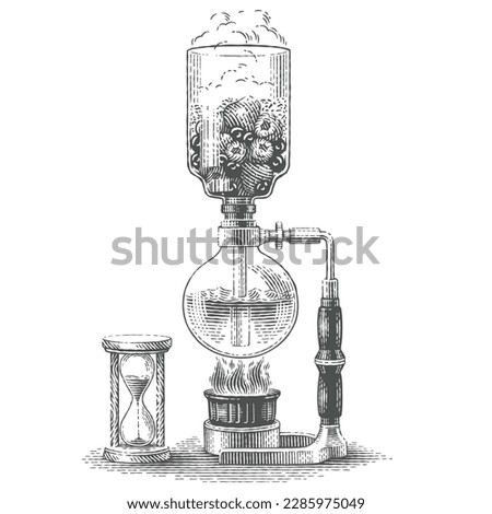 Vienna siphon machine. Hand drawn engraving style illustrations.