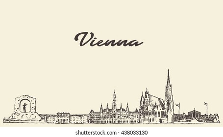 Vienna skyline, Austria, vintage vector engraved illustration, hand drawn, sketch