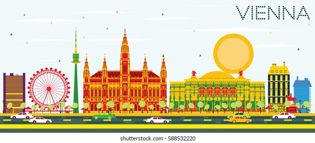 Vienna Skyline with Color Buildings and Blue Sky. Vector Illustration. Business Travel and Tourism Concept with Modern Architecture. Image for Presentation Banner Placard and Web Site.