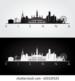 Vienna skyline and landmarks silhouette, black and white design, vector illustration.