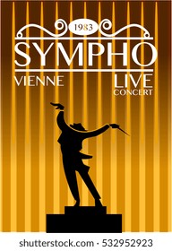 Vienna symphony orchestra live concert poster. Expressive conductor directs orchestra during performance silhouette vector illustration. For music festival advertising flyer or banner design