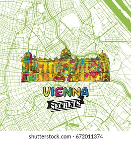 Vienna Travel Secrets Art Map for mapping experts and travel guides. Handmade city logo, typo badge and hand drawn vector image on top are grouped and moveable.