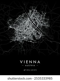 Vienna vector map in black. Detailed map of Vienna city in Austria. Best free vector illustration. Outline map with highways and streets. Tourist decorative street map.