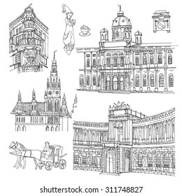 Vienna. Vector sketch old town. Hand drawn buildings and urban elements.