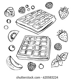 Vienna wafers painted with mascara on a white background. Sketch of dessert. Sketch of food. A set of berries. Mint, peach, strawberry, blueberry