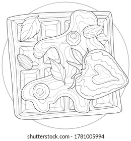 
Vienna waffle with jam, almonds, blueberries and strawberries.Tasty sweets.Coloring book antistress for children and adults. Zen-tangle style.Black and white drawing
