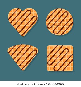 Viennese or belgian waffles in different shapes with chocolate topping. Vector food illustration in trendy flat style isolated.