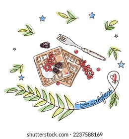 Viennese breakfast waffles with fruit and cream, vector illustration for decoration, doodle style