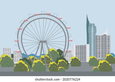 Viennese Ferris  (in Vienna) wheel and other buildings. Vector graphics