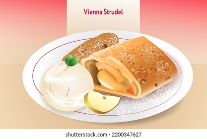 Viennese strudel with apples and ice cream