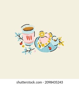 Viennese waffle, ice cream and coffee. Dessert. Trendy cute vector illustration, postcard, print