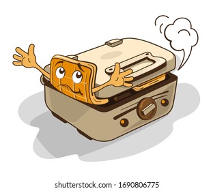 A Viennese Waffle tries to escape from the waffle iron. Humorous illustration. Vector image isolated on a white background.