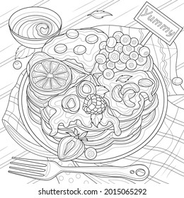 
Viennese waffles with berries. Dessert.Coloring book antistress for children and adults. Illustration isolated on white background.Zen-tangle style. Hand draw