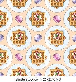 Waffles vieneses, desayuno, vectores sin fisuras en el estilo de los garabatos, dibujados a mano