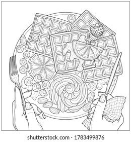 Viennese waffles with cream, berries, oranges, almonds and mint. Tasty sweets.Coloring book antistress for children and adults. Black and white drawing