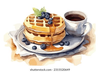 Waffles vieneses con café con leche sobre una mesa de madera con acuarela pintura Resumen de fondo blanco.