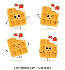 Viennese waffles with whipped cream and strawberries. Cute cartoon fast food dessert vector character set isolated on white