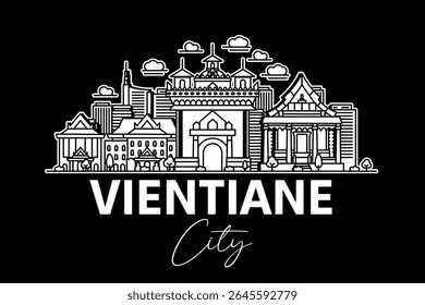 Vientiane, Laos architecture line skyline illustration with shadows. Linear vector cityscape with famous landmarks, city sights, design icons.