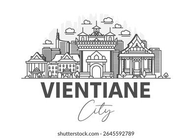 Vientiane, Laos architecture line skyline illustration with shadows. Linear vector cityscape with famous landmarks, city sights, design icons.