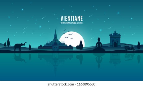 Vientiane moonlight background with national symbols of Laos, Southeast Asia landmark, Flat design Thatluang & Patuxay poster concept under fullmoon.