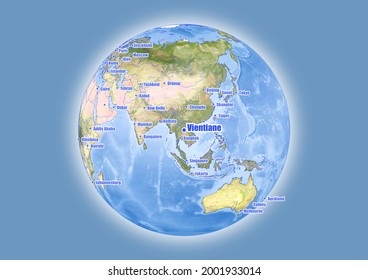 Vientiane-Laos is shown on vector globe map. The map shows Vientiane-Laos 's location in the world.