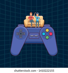 vieo game young men game controller play scene cartoon  over three dimensional blue background vector illustration graphic design