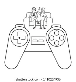 vieo game young men game controller play scene cartoon vector illustration graphic design